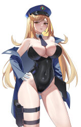 1girl absurdres alternate_costume bare_shoulders black_leotard black_necktie blonde_hair blue_hat breasts clipboard commentary_request covered_navel detached_collar earrings floating_earring gloves hand_on_own_hip hat highres holster jewelry large_breasts leotard long_hair looking_at_viewer mythra_(xenoblade) necktie northman off_shoulder police_hat solo strapless strapless_leotard swept_bangs thigh_holster white_background white_gloves xenoblade_chronicles_(series) xenoblade_chronicles_2 yellow_eyes