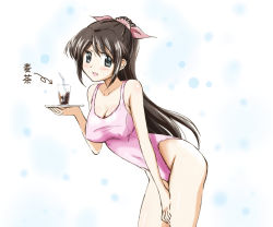 Rule 34 | 1girl, :d, alternate costume, black eyes, breasts, brown hair, cleavage, commentary request, hair ribbon, holding, holding tray, kinfuji, large breasts, long hair, looking at viewer, one-piece swimsuit, open mouth, original, pink ribbon, pink one-piece swimsuit, ponytail, ribbon, simple background, smile, solo, swimsuit, touge chayako, tray