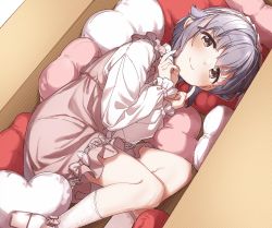 Rule 34 | 1girl, absurdres, blush, box, brown eyes, cardboard box, closed mouth, commentary request, dress, hair between eyes, hair flaps, hands up, heart, high heels, highres, idolmaster, idolmaster cinderella girls, in box, in container, koshimizu sachiko, long sleeves, lying, on side, pink dress, pink footwear, shirt, shoes, silver hair, sleeveless, sleeveless dress, sleeves past wrists, smile, socks, solo, white background, white shirt, white socks, yukie (kusaka shi)