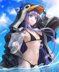 Rule 34 | 1girl, animal hood, bare shoulders, bikini, black bikini, black jacket, blue bow, blue eyes, blue sky, blush, bow, breasts, choker, closed mouth, collarbone, commentary request, unworn eyewear, fate/grand order, fate (series), highres, hood, hood up, hooded jacket, jacket, licking lips, long hair, long sleeves, looking at viewer, meltryllis, meltryllis (fate), meltryllis (swimsuit lancer) (fate), meltryllis (swimsuit lancer) (first ascension) (fate), navel, ocean, open clothes, open jacket, penguin hood, purple hair, sky, sleeves past fingers, sleeves past wrists, small breasts, smile, solo, sterben, sunglasses, swimsuit, thighs, tongue, tongue out, very long hair, wading