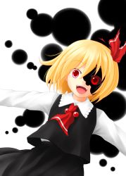 Rule 34 | 1girl, ascot, baia, blonde hair, looking at viewer, open mouth, outstretched arms, red eyes, rumia, short hair, simple background, smile, solo, touhou, white background