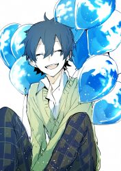 Rule 34 | 1boy, :d, ^ ^, bad id, bad pixiv id, balloon, blue hair, blue pants, brown pants, closed eyes, collared shirt, commentary, dark blue hair, double-parted bangs, facing viewer, feet out of frame, green sweater, hair between eyes, happy, hasuhasuhasu0127, highres, kagerou project, kokonose haruka, long sleeves, male focus, mole, mole under eye, multicolored pants, open collar, open mouth, pale skin, pants, plaid, plaid pants, school uniform, shirt, short hair, simple background, sitting, sketch, smile, solo, sweater, teeth, upper teeth only, v arms, white background, white shirt