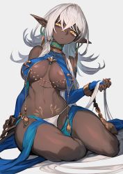 Rule 34 | 1girl, bags under eyes, bare shoulders, breast curtains, breasts, bridal gauntlets, chain, cleavage, closed mouth, collarbone, commentary request, cuffs, dark-skinned female, dark elf, dark skin, earrings, elf, eyebrows hidden by hair, fingernails, full body, hair between eyes, harem outfit, highres, holding, holding own hair, hoop earrings, jewelry, lack, large breasts, long fingernails, long hair, looking at viewer, nail polish, navel, orange nails, original, panties, pointy ears, pubic tattoo, revealing clothes, shackles, shadow, sidelocks, silver hair, simple background, sitting, solo, stomach, tattoo, thighs, toned, underwear, very long hair, white background, white panties, yellow eyes, yokozuwari