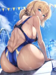 Rule 34 | 1girl, :o, absurdres, ahoge, alternate costume, artoria pendragon (all), artoria pendragon (fate), ass, back, back cutout, blonde hair, blue eyes, blue one-piece swimsuit, blue sky, bottle, breasts, butt crack, clothing cutout, cloud, competition swimsuit, dimples of venus, fate/grand order, fate (series), festival, flat color, highleg, highleg swimsuit, highres, hirasawa seiji, huge ass, large breasts, looking at viewer, looking back, muscular, muscular back, muscular female, one-piece swimsuit, ponytail, pool ladder, saber (fate), shiny skin, sideboob, sidelocks, sitting, sky, swimsuit, water bottle