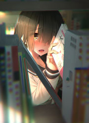 Rule 34 | 1girl, bad id, bad pixiv id, black sailor collar, blurry, blurry background, blurry foreground, book, bookshelf, brown eyes, brown hair, collarbone, commentary request, depth of field, fingernails, hair over one eye, highres, holding, holding book, long sleeves, looking at viewer, open mouth, original, rerrere, sailor collar, school uniform, serafuku, shirt, sleeves past wrists, solo, sweat, white shirt, yellow neckwear