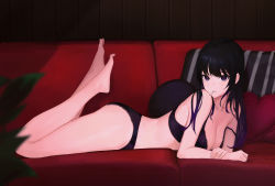 Rule 34 | 1girl, absurdres, ass, bare arms, bare legs, bare shoulders, barefoot, bario, black bra, black hair, black panties, bra, breasts, cigarette, cleavage, couch, highres, legs up, long hair, looking at viewer, lying, medium breasts, mouth hold, on couch, on stomach, original, panties, purple eyes, solo, spaghetti strap, strap slip, the pose, thighs, underwear, underwear only
