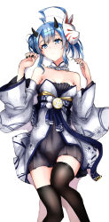 Rule 34 | 1girl, absurdres, ahoge, azur lane, bare shoulders, black nails, black thighhighs, blue eyes, blue hair, blush, breasts, choker, closed mouth, collarbone, commentary request, detached collar, detached sleeves, dress, feet out of frame, floral print, fox mask, from above, hands up, highres, holiday3345aaa98, horns, inazuma (azur lane), inazuma (flash of fireworks) (azur lane), japanese clothes, kimono, light blush, looking away, lying, mask, mask on head, medium breasts, nail polish, obi, on back, oni, oni horns, sash, shadow, sidelocks, simple background, sleeveless, sleeveless dress, solo, thighhighs, tomoe (symbol), white background, white neckwear, wide sleeves, zettai ryouiki