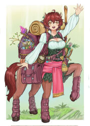 Rule 34 | 1girl, :d, ahoge, animal ears, arm up, bag, belt, branch, breasts, brown belt, brown eyes, brown hair, canteen, centaur, cleavage, commentary, dungeons &amp; dragons, earrings, english commentary, framed breasts, freckles, full body, gem, grass, green vest, hair between eyes, highres, horse ears, horse tail, jewelry, large breasts, leg warmers, long sleeves, looking at viewer, monster girl, multiple legs, open mouth, original, plant, pouch, sheath, sheathed, shirt, short hair, sidelocks, single earring, smile, solo, staff, standing, standing on three legs, sword, tail, taur, teeth, upper teeth only, valornomad, vest, weapon, white shirt