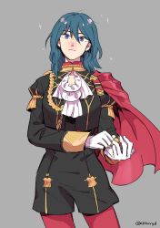 Rule 34 | 13degree, 1girl, absurdres, ascot, byleth (female) (fire emblem), byleth (fire emblem), cape, closed mouth, cosplay, cowboy shot, edelgard von hresvelg, edelgard von hresvelg (cosplay), fire emblem, fire emblem: three houses, garreg mach monastery uniform, gloves, grey background, highres, looking at viewer, nintendo, pantyhose, red cape, red pantyhose, short hair, simple background, solo, uniform