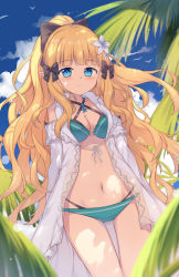 Rule 34 | 1girl, aqua bikini, bare shoulders, bikini, bikini under clothes, black bow, blonde hair, blue bikini, blue eyes, blue sky, blush, bow, breasts, cleavage, closed mouth, cloud, cloudy sky, collarbone, commentary request, criss-cross halter, day, flower, fred04142, hair bow, hair flower, hair ornament, halterneck, high ponytail, layered bikini, long hair, looking at viewer, medium breasts, navel, o-ring, o-ring bikini, outdoors, palm tree, ponytail, princess connect!, saren (princess connect!), saren (summer) (princess connect!), see-through, sky, smile, solo, swimsuit, tree, very long hair, white flower