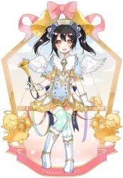 Rule 34 | 10s, 1girl, :d, angel wings, bell, black hair, boots, bow, character name, gem, gmanee, hair bow, hat, jewelry, love live!, love live! school idol project, open mouth, pendant, red eyes, smile, solo, thighhighs, twintails, wings, yazawa nico