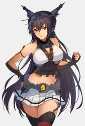 Rule 34 | 1girl, black gloves, black hair, black thighhighs, breasts, cowboy shot, elbow gloves, fingerless gloves, gloves, grey background, hair between eyes, hand on own hip, headgear, highres, kantai collection, kasumi (skchkko), large breasts, long hair, looking at viewer, midriff, miniskirt, nagato (kancolle), navel, pleated skirt, red eyes, shirt, simple background, skirt, sleeveless, sleeveless shirt, smile, solo, thighhighs, white shirt, white skirt