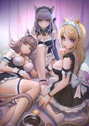 Rule 34 | 3girls, :p, ahoge, akamatsu kaede, alt text, alternate costume, animal ear fluff, animal ears, apron, arm cuffs, back bow, backless dress, backless outfit, bare shoulders, bed, black dress, black sleeves, blonde hair, bow, breasts, cat ears, cat hair ornament, cat tail, cleavage, commentary, curtains, danganronpa: trigger happy havoc, danganronpa (series), danganronpa 2: goodbye despair, danganronpa v3: killing harmony, detached collar, detached sleeves, dress, english commentary, feet out of frame, fishnet legwear, fishnets, fortissimo, frilled dress, frills, hair ornament, half-closed eyes, highres, indoors, kirigiri kyoko, knee up, large breasts, long hair, looking at viewer, looking back, lying, maid, maid headdress, medium breasts, medium hair, multiple girls, musical note, musical note hair ornament, nanami chiaki, no shoes, on side, pantyhose, parted lips, paw pose, pink hair, purple eyes, purple hair, qosic, serious, signature, sitting, swept bangs, tail, thighhighs, tongue, tongue out, wariza, white apron, white bow, white legwear, wrist cuffs
