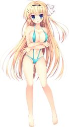 Rule 34 | 1girl, aqua one-piece swimsuit, barefoot, blonde hair, blue eyes, blush, braid, breasts, full body, gluteal fold, hair ornament, hairband, hairclip, halterneck, haruoto alice gram, highres, kuonji kazuha (harugura), large breasts, long hair, looking at viewer, mitha, navel, official art, one side up, open mouth, solo, swimsuit, transparent background