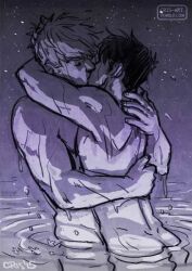 Rule 34 | 2boys, arms around neck, ass peek, bad id, bad tumblr id, bara, black hair, blonde hair, completely nude, couple, cris art, from side, hand on another&#039;s back, hug, hulkling, kiss, long sideburns, male focus, marvel, multiple boys, mutual hug, nude, partially submerged, short hair, sideburns, sketch, thick eyebrows, toned, toned male, wiccan, yaoi