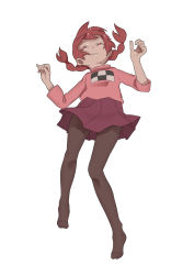 Rule 34 | 1girl, absurdres, black pantyhose, braid, brown hair, closed eyes, colored eyelashes, full body, hands up, highres, legs apart, long hair, madotsuki, miniskirt, no shoes, pantyhose, pink shirt, pleated skirt, puchiman, purple skirt, shirt, simple background, skirt, sleeves past elbows, solo, tears, twin braids, white background, yume nikki