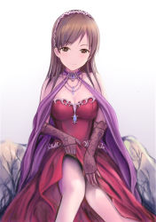 Rule 34 | 1girl, breasts, brown eyes, brown hair, cleavage, clothes lift, dress, elbow gloves, gloves, headband, idolmaster, idolmaster cinderella girls, jewelry, lace, lace gloves, long hair, medium breasts, nannacy7, necklace, nitta minami, red dress, sitting, skirt, skirt lift, solo, strapless, strapless dress