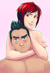 Rule 34 | 1boy, 1girl, black hair, blue eyes, blush, breast press, choke hold, crossover, dead or alive, dead or alive 5, drawfag, eyebrows, greenmarine, highres, lips, little mac, mila (doa), multicolored hair, nintendo, nude, punch-out!!, red hair, short hair, smile, strangling, thick eyebrows, two-tone hair
