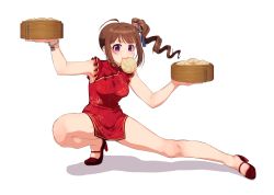 Rule 34 | 1girl, ahoge, bamboo steamer, baozi, black footwear, bracelet, brown hair, china dress, chinese clothes, commentary, dress, drill hair, floral print, food, full body, hair ornament, high heels, holding, idolmaster, idolmaster million live!, jewelry, kamille (vcx68), looking at viewer, mary janes, medium hair, mouth hold, print dress, purple eyes, red dress, shadow, shoes, short dress, side drill, side ponytail, simple background, sleeveless, sleeveless dress, solo, squatting, white background, yokoyama nao
