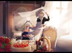 Rule 34 | 1girl, apple, apron, arm up, basket, black dress, black ribbon, blue eyes, blurry, blurry foreground, cake, cake slice, chair, cup, curtains, day, depth of field, dress, eisuto, flower, food, frilled apron, frills, fruit, grapes, hair between eyes, highres, indoors, juliet sleeves, letterboxed, long sleeves, looking to the side, macaron, maid, maid apron, maid headdress, mirror, navel, neck ribbon, original, parted lips, puffy sleeves, red flower, red rose, ribbon, rose, short hair, solo, standing, strawberry, table, teacup, teapot, tiered tray, white apron, window