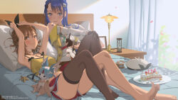 2girls ai-chan_(playstation) arms_up atelier_(series) atelier_ryza atelier_ryza_2 bare_shoulders barefoot bed bedroom black_thighhighs blue_hair breasts brown_eyes brown_hair cake cleavage copyright_notice cosplay costume_switch creature crossover curtains dolphin_shorts fi_(atelier) food fork hat highres hourglass indoors jacket jewelry key key_necklace lamp long_hair looking_at_viewer lying medium_breasts multiple_girls necklace official_alternate_costume official_art on_back on_bed pillow plate red_shorts reisalin_stout reisalin_stout_(cosplay) shirt short_hair shorts single_bare_foot single_thighhigh smile soles sony star_(symbol) thighhighs unworn_hat unworn_headwear unworn_jewelry unworn_necklace v vofan white_shirt yellow_jacket