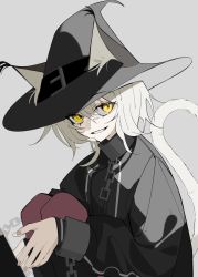Rule 34 | 1girl, absurdres, animal ears, arknights, black collar, black hat, black jacket, cat ears, cat girl, cat tail, chain, collar, cuffs, ears through headwear, grey background, grey hair, hair between eyes, hat, haze (arknights), highres, jacket, knees up, lihuashuangxiang, long sleeves, looking at viewer, parted lips, shackles, short hair, simple background, sitting, smile, solo, tail, tail raised, witch hat, yellow eyes