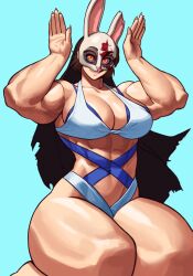 Rule 34 | 1girl, 2023, abs, absurdres, bikini, blonde hair, blood, blood on face, blue background, breasts, brown hair, closed mouth, collarbone, constricted pupils, covered navel, cross-laced bikini, cross-laced clothes, dead by daylight, feet out of frame, female focus, fingernails, halterneck, highres, hooked on you, large breasts, looking at viewer, mask, muscular, muscular female, navel, orange eyes, pink lips, rabbit mask, rabbit pose, seiza, sharp fingernails, short hair, simple background, sitting, smile, solo, sotcho, swimsuit, the huntress (dead by daylight), thick thighs, thighs, torn clothes, torn mask, veil, white bikini