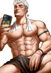 Rule 34 | 1boy, abs, arm tattoo, bandaid, bandaid on face, bandaid on nose, bara, beard, biceps, blush, bracelet, bulge, buzz cut, cellphone, condom, condom in mouth, condom wrapper, ear piercing, earrings, facial hair, grabbing, greenteaa, highres, jewelry, large pectorals, looking at viewer, male focus, manly, mature male, mouth hold, muscular, muscular male, navel, navel hair, nipples, original, pectorals, phone, piercing, scar, scar on arm, scar on chest, scar on face, short hair, shorts, smile, solo, spiked hair, stubble, tattoo, thick arms, thick eyebrows, topless male, towel, towel around neck, veins, veiny arms, very short hair, white hair, yaoi, yellow eyes