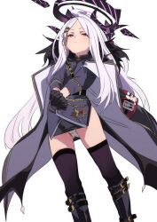 Rule 34 | 1girl, :/, ahoge, black coat, black gloves, black skirt, black thighhighs, blue archive, boots, coat, coat on shoulders, commentary, expressionless, feet out of frame, fu-ta, gloves, halo, hina (blue archive), knee boots, long hair, long sleeves, looking at viewer, open clothes, open coat, panties, pantyshot, parted bangs, purple eyes, simple background, skirt, solo, standing, thighhighs, underwear, white background, white hair, white panties