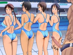 Rule 34 | 1boy, 4girls, ass, black hair, breasts, brown hair, censored, competition swimsuit, large breasts, large penis, looking back, majime club, male pubic hair, medium hair, multiple girls, one-piece swimsuit, penis, pool, pubic hair, short hair, swimsuit, take your pick, tan, tanline, trembling