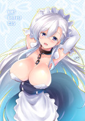 Rule 34 | apron, arms up, azur lane, belfast (azur lane), braid, breasts, c.r., chain, cleavage, collar, collarbone, corset, french braid, frilled apron, frills, gloves, highres, large breasts, maid, maid apron, maid headdress, silver hair, solo, white apron, white gloves