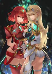 Rule 34 | 2girls, ass, bare legs, bare shoulders, black gloves, blonde hair, breasts, chest jewel, cleavage, cleavage cutout, clothing cutout, dress, earrings, elbow gloves, fingerless gloves, gloves, highres, jewelry, large breasts, long hair, multiple girls, mythra (xenoblade), nintendo, omikuji (6954), pyra (xenoblade), red eyes, red hair, red legwear, red shorts, short dress, short hair, short shorts, shorts, swept bangs, thigh strap, thighhighs, tiara, very long hair, white dress, white gloves, xenoblade chronicles (series), xenoblade chronicles 2, yellow eyes