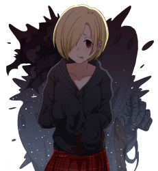 Rule 34 | 10s, 1girl, :p, bat (animal), black sweater, blonde hair, blood, blood from mouth, blush, breasts, brown hair, collarbone, commentary request, hands in opposite sleeves, idolmaster, idolmaster cinderella girls, long sleeves, looking at viewer, red skirt, sente, shirasaka koume, short hair, skirt, sleeves past wrists, small breasts, solo, sweater, tongue, tongue out, upper body