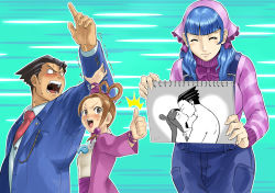 Rule 34 | 1boy, 2girls, arm grab, arm up, artist name, pearl fey, maya fey, black hair, blue hair, blush, brown hair, drawing, vera misham, closed eyes, formal, ganguro (zerodigiporu), ace attorney, apollo justice: ace attorney, phoenix wright: ace attorney - dual destinies, hair bobbles, hair ornament, hair rings, highres, japanese clothes, kimono, kiss, magatama, multiple girls, phoenix wright, necktie, objection, overalls, pointing, ribbon, short hair, smile, speed lines, suit, sweat, sweater, thumbs up, trembling, wrist ribbon