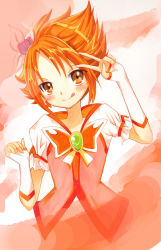 Rule 34 | 00s, 1girl, arm warmers, blush, cure rouge, earrings, eyelashes, fingerless gloves, flower, gloves, hair flower, hair ornament, happy, highres, jewelry, katakuriko (shokupan), looking at viewer, magical girl, matching hair/eyes, natsuki rin, orange background, orange eyes, orange hair, precure, puffy sleeves, shirt, short hair, smile, solo, source request, spiked hair, tongue, tongue out, v, vest, wrist cuffs, yes! precure 5, yes! precure 5 gogo!