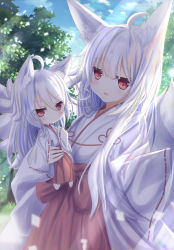 Rule 34 | 2girls, ahoge, animal ear fluff, animal ears, aruka (alka p1), blush, bow, closed mouth, commentary request, day, fox ears, fox girl, fox tail, hair between eyes, hakama, hakama skirt, highres, japanese clothes, kimono, kitsune, kyuubi, long hair, long sleeves, looking at viewer, miko, mini person, minigirl, multiple girls, multiple tails, novel illustration, official art, original, outdoors, parted lips, red bow, red eyes, red hakama, silver hair, skirt, sleeves past wrists, smile, tail, tree, very long hair, white kimono, wide sleeves