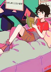 Rule 34 | 1boy, animated, animated gif, bed, big hero 6, black eyes, black hair, blush, brown shorts, chair, commentary, desk, highres, hiro hamada, on bed, rain, red shirt, routexx, shirt, shorts, solo, television, translation request
