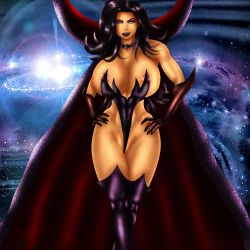 Rule 34 | 1girl, absurdres, areola slip, bare shoulders, battletoads, boots, breasts, cape, choker, cloak, covered erect nipples, crossed legs, curvy, dark queen, elbow gloves, facing viewer, feet out of frame, gloves, green eyes, hands on own hips, high heels, highleg, highleg leotard, highres, huge breasts, leotard, looking at viewer, parted lips, partially visible vulva, revealing clothes, solo, space, standing, star (sky), thigh boots, thighhighs, villainess
