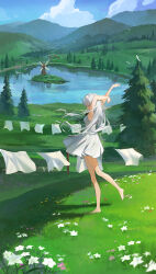 Rule 34 | 1girl, arms up, bare arms, bare legs, barefoot, bird, blue sky, closed eyes, clothesline, cloud, daby, dress, drying, drying clothes, feet, field, flower, grass, grey hair, highres, hill, island, lake, nature, on grass, original, river, scenery, sky, solo, sundress, toes, tree, valley, white dress, windmill