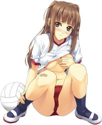 Rule 34 | 1girl, ball, bandaid, bandaid on knee, bandaid on leg, blue socks, blush, breasts, brown eyes, brown hair, buruma, cameltoe, clothes lift, covering privates, covering breasts, full body, gym uniform, legs, long hair, looking at viewer, luna (reclaimed land), medium breasts, no bra, original, ribbed legwear, shirt lift, shoes, simple background, socks, solo, uwabaki, volleyball, volleyball (object), wet, white background