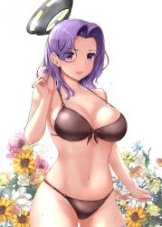 Rule 34 | 1girl, :d, bikini, black bikini, breasts, commentary request, floral background, halo, hand up, highres, jouzaburou (joe3), kantai collection, large breasts, mechanical halo, medium hair, navel, open mouth, playing with own hair, purple eyes, purple hair, smile, solo, stomach, string bikini, swimsuit, tatsuta (kancolle), wet, white background