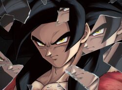 black_hair body_fur broken_glass close-up dragon_ball dragon_ball_gt glass highres long_hair looking_at_viewer male_focus red_fur reflection serious son_goku spiked_hair super_saiyan super_saiyan_4 sydoria yellow_eyes