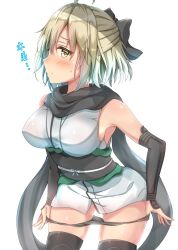 Rule 34 | 1girl, ahoge, bare shoulders, black bow, black panties, black scarf, black sleeves, blonde hair, blush, bow, breasts, commentary request, detached sleeves, fate/grand order, fate (series), hair between eyes, hair bow, japanese clothes, large breasts, looking at viewer, okita souji (fate), okita souji (koha-ace), panties, panty pull, scarf, short hair, simple background, sleeveless, solo, sunsun2812, translation request, underwear, white background, yellow eyes