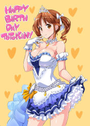 Rule 34 | 10s, 1girl, bare shoulders, bead bracelet, bead necklace, beads, blush, bracelet, breasts, brown eyes, brown hair, cleavage, closed mouth, clothes lift, cowboy shot, dress, dress lift, finger to mouth, from side, gloves, happy birthday, heart, heart background, highres, idolmaster, idolmaster cinderella girls, jewelry, large breasts, lifted by self, looking at viewer, looking to the side, matching hair/eyes, necklace, petticoat, solo, strapless, strapless dress, suzutsuki kurara, tiara, totoki airi, twintails, white dress, white gloves