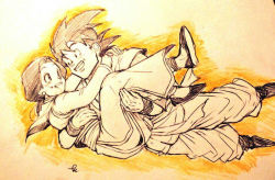Rule 34 | 1boy, 1girl, black hair, carrying, chi-chi (dragon ball), couple, dragon ball, dragonball z, flying, looking at another, manly, monochrome, ochanoko (get9-sac), open mouth, ponytail, signature, simple background, smile, son goku, spiked hair