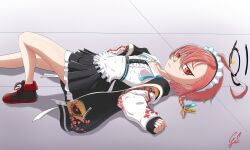 Rule 34 | 1girl, absurdres, blue archive, breasts, fang, gado soulsilver, halo, highres, jacket, looking at viewer, lying, lying on ground, maid, neru (blue archive), red eyes, red hair, shoes, small breasts, smile