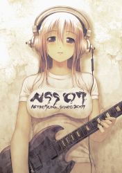 Rule 34 | 1girl, absurdres, blouse, breasts, cable, character name, clothes writing, gibson, guitar, headphones, highres, impossible clothes, impossible shirt, instrument, large breasts, nitroplus, official art, pink hair, red eyes, shirt, solo, super sonico, tsuji santa, white shirt