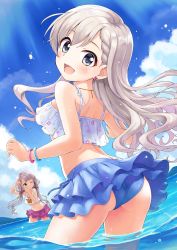 Rule 34 | 2girls, ass, bare shoulders, bikini, blue bikini, blue eyes, blue sky, blush, bracelet, braid, braided bangs, brown eyes, commentary request, day, earrings, frilled bikini, frills, from behind, grey hair, highres, hisakawa hayate, hisakawa nagi, idolmaster, idolmaster cinderella girls, jewelry, long hair, looking at viewer, looking back, low twintails, multiple girls, navel, open mouth, outdoors, partially submerged, satogo, siblings, sisters, sky, smile, stud earrings, swimsuit, thighs, twins, twintails, wading