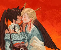 Rule 34 | 2girls, animal ears, bandana, bare shoulders, black hair, black wings, closed eyes, earrings, eye contact, gradient background, hand on another&#039;s chin, horns, horse ears, imminent kiss, jewelry, k0nfette, kicchou yachie, kurokoma saki, light smile, long hair, looking at another, multiple girls, no headwear, off-shoulder shirt, off shoulder, orange background, pegasus wings, ponytail, profile, red background, red eyes, shirt, simple background, tassel, tassel earrings, touhou, upper body, very long hair, wings, yuri