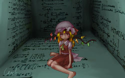 Rule 34 | ascot, barefoot, blonde hair, calculus, crystal, flandre scarlet, frilled hat, frills, glowing, glowing eyes, grin, hat, kneeling, looking at viewer, math, mob cap, one-hour drawing challenge, open mouth, puffy short sleeves, puffy sleeves, red eyes, red skirt, red vest, room, shirt, short sleeves, sitting, skirt, smile, solo, staring, touhou, vest, wariza, welt (kinsei koutenkyoku), white hat, white shirt, wings, yellow ascot